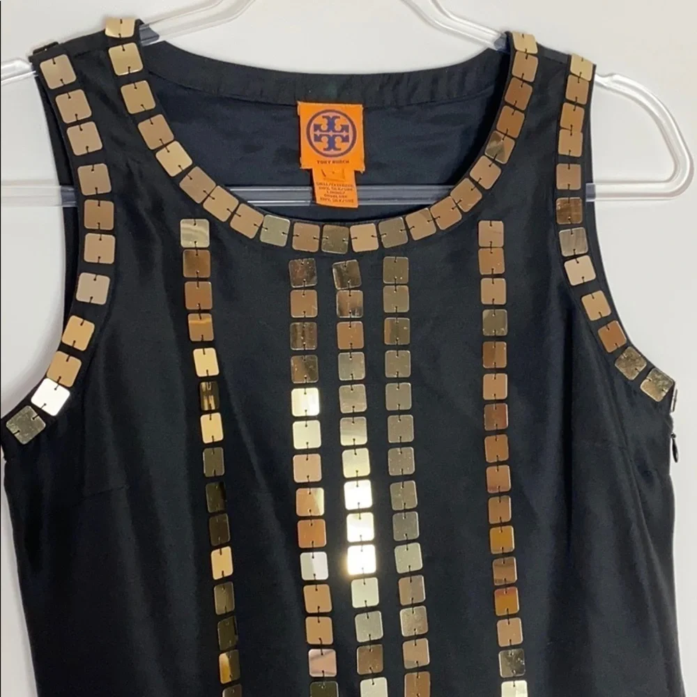 Tory Burch black silk gold sequins shift dress 2